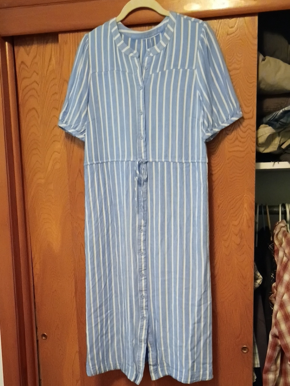 Amazon Essentials Blue and White Striped Button-Front Midi Dress